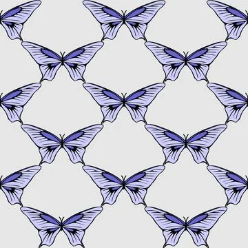 Seamless symmetrical repeating pattern of blue butterflies on a gray Stock Illustration