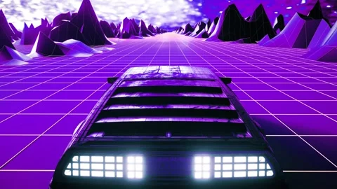Seamless Synthwave Driving Loop With Glowing Car and Polygonal Mountains Stock Footage 343886400