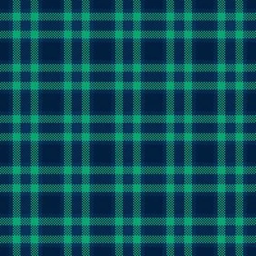 A seamless tartan plaid pattern featuring classic navy and vibrant green pixe Stock Illustration