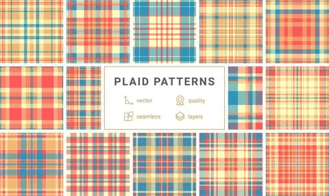 Seamless tartan texture with a classic check design in blue, orange, and red. Stock Illustration