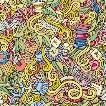 Seamless tea doodles abstract pattern background 스톡 일러스트
