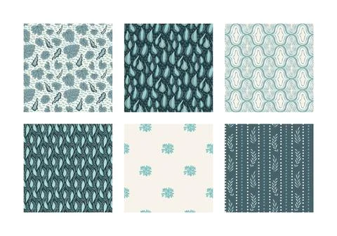 Seamless teal and green pattern with scattered garden leaves. Blue plant in a Illustrazione stock
