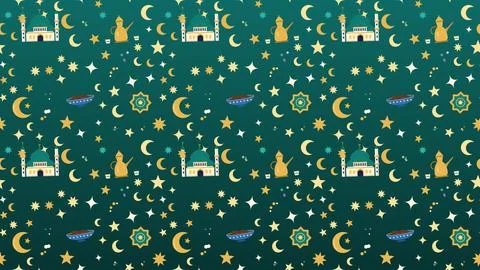 Seamless teal Eid pattern of mosques, Arabic coffee pots, dates and crescen.. Stock Illustration