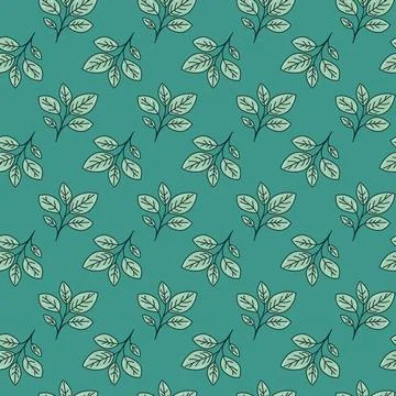 Seamless teal pattern featuring delicate, handdrawn leaves.  Perfect for text Stock Illustration