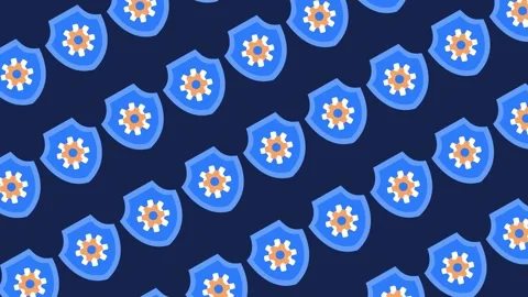 Seamless technical maintenance pattern with shield and gear icons on dark blue Stock Footage 329383583
