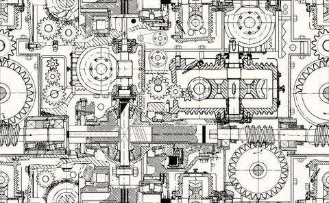 Seamless technical pattern, a background of worm gears and other gears combined Stock Illustration
