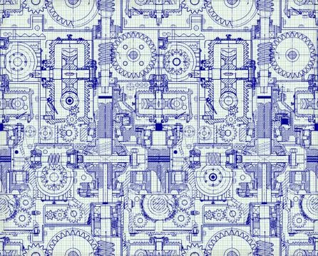 Seamless technical pattern, a background of worm gears and other gears combined Stock Illustration
