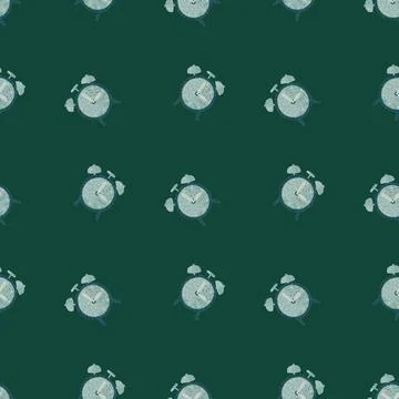Seamless technology pattern with blue alarm clock elements. Green background. Stock Illustration