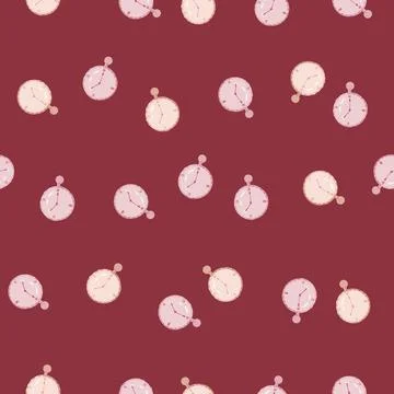 Seamless technology pattern with light stopwatch elements. Maroon background. Illustrazione stock