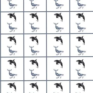 Seamless textile design featuring orcas and seals in a playful arrangement Stock Illustration