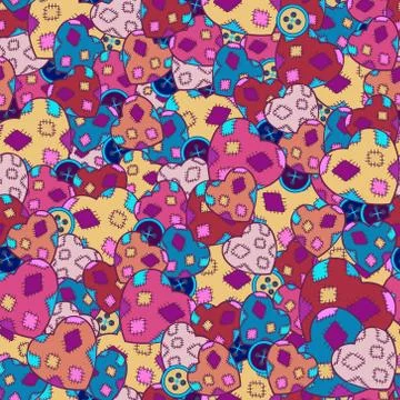 Seamless textile hobby patchwork pattern, many different bright hearts, butto Stock Illustration