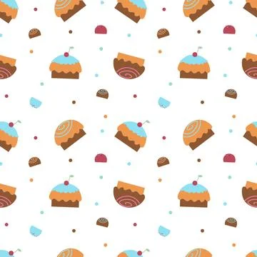 Seamless textile illustration with elements of sweets and sweet pastries, muf Stock Illustration