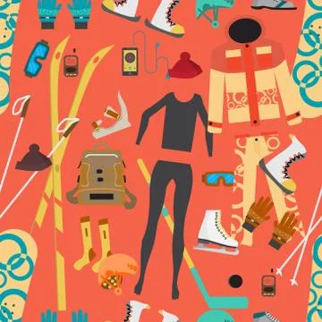 Seamless textile pattern with equipment and supplies for winter Illustrazione stock