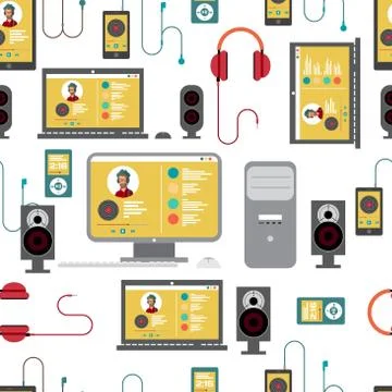 Seamless textile pattern with home stereo flat vector illustrati Stock Illustration