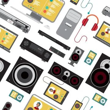 Seamless textile pattern with home stereo flat vector illustrati Stock Illustration