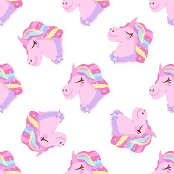 Seamless textile pattern with unicorn, flat cartoon vector illustration on wh Stock Illustration