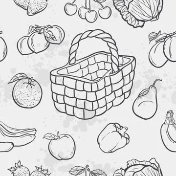 Seamless texture and vegetables, fruit and baskets. Stock Illustration