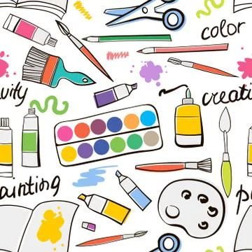 Seamless texture with art materials. Doodle art material background. Vector.. Stock Illustration