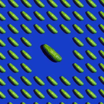 Seamless texture background pattern of fresh green cucumbers on a blue backgr Stock Photos