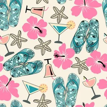 Seamless texture with beach objects: hibiscus, cocktail, sea star, flip flops Stock Illustration