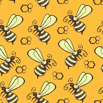 Seamless texture with bees. Vector cute cartoon pattern background Stock Illustration