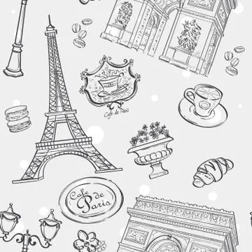 Seamless texture in black outline with the image of the eiffel tower, france, Stock Illustration