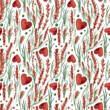 Seamless texture with botanical red and green elements for textile, fabric, a Illustrazione stock