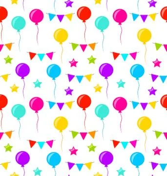 Seamless Texture with Bunting Party Flags, Balloons, Stars Illustrazione stock