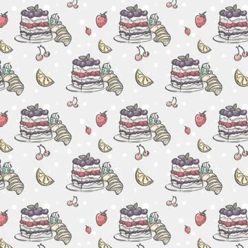 Seamless texture with cake and berries Illustrazione stock