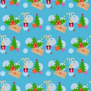 Seamless texture with Christmas theme. Hare in a tuxedo, envelope and holly red Illustrazione stock