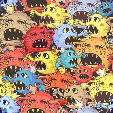 Seamless texture consisting of many cartoon coronovirus bacteria that cry and Stock Illustration