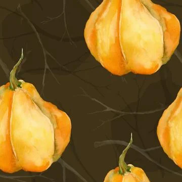 Seamless texture on a dark brown background. Yellow pumpkin and branches Illustrazione stock
