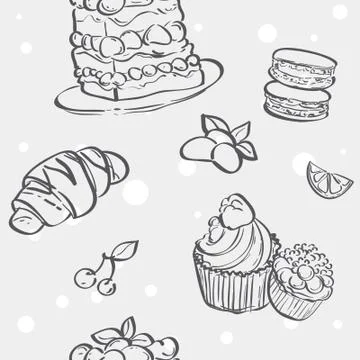 Seamless texture with different baking croissants, cakes, cookies, meringue Stock Illustration