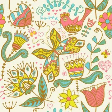 Seamless texture with flowers, birds and butterflies. seamless pattern can be Stock Illustration