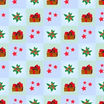 Seamless texture with gift boxes decorated with ribbon, bow, red berries with Stock Illustration