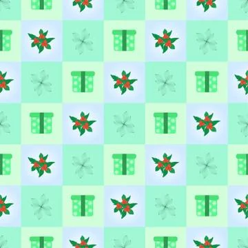 Seamless texture with gift boxes decorated with ribbon, bow, red berries with Stock Illustration