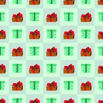 Seamless texture with gift boxes decorated with ribbon, bow, red berries with Stock Illustration