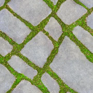 Seamless texture of green grass between the road tiles. Stock Photos