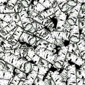 Seamless texture with hand-drawn birch logs on a black background. Stock Illustration