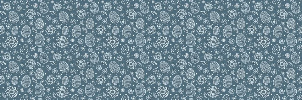 Seamless texture with hand drawn Easter eggs and flowers. Banner. Vector Stock Illustration