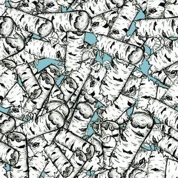 Seamless texture with hand-planted hand-drawn birch logs on a light blue Stock Illustration