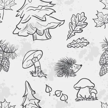 Seamless texture with the image of funny little animals, trees, fungi and lea Stock Illustration