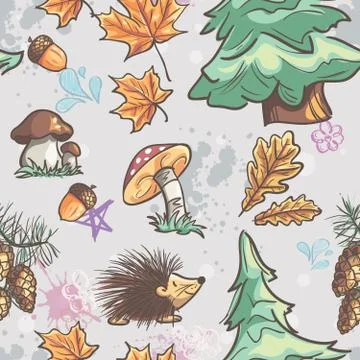 Seamless texture with the image of funny little animals, trees, fungi Stock Illustration