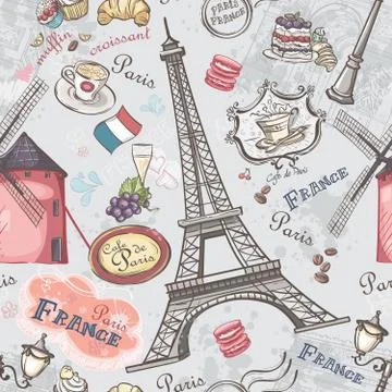 Seamless texture with the image of the sights of paris 스톡 일러스트