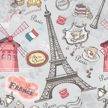 Seamless texture with the image of the sights of paris 스톡 일러스트