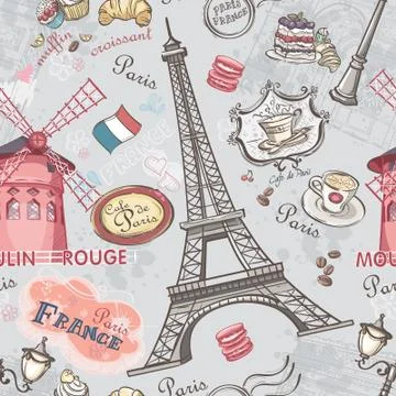 Seamless texture with the image of the sights of paris 스톡 일러스트