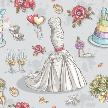 Seamless texture with the image of wedding dresses, glasses, rings, cake and Illustrazione stock