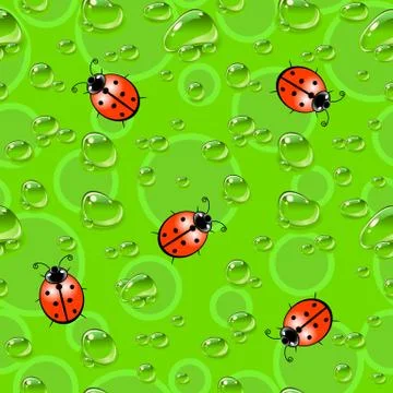 Seamless texture with ladybugs and dew drops. Stock Illustration