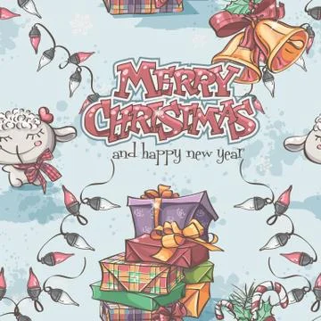 Seamless texture of new year and christmas with the lamb, gifts, bells and la Stock Illustration