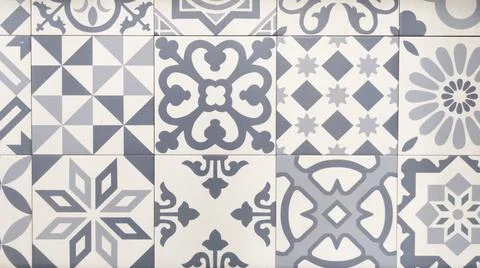 Seamless texture of old stone wall Azulejo patchwork tile surface Stockfoto's